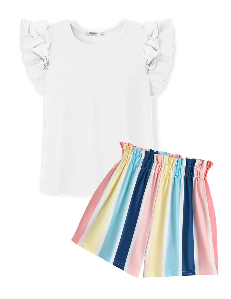 Arshiner Girls 2 Piece Outfits Summer Ruffle Short Sleeve Shirts Sets