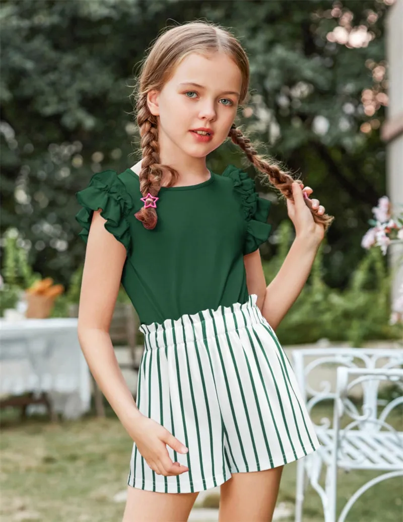Arshiner Girls 2 Piece Outfits Summer Ruffle Short Sleeve Shirts Sets