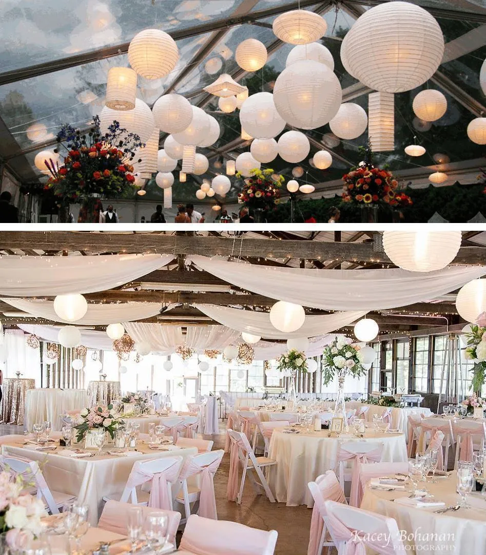 BULK PACK (10) 16" White Round Paper Lanterns, Even Ribbing, Hanging Decoration