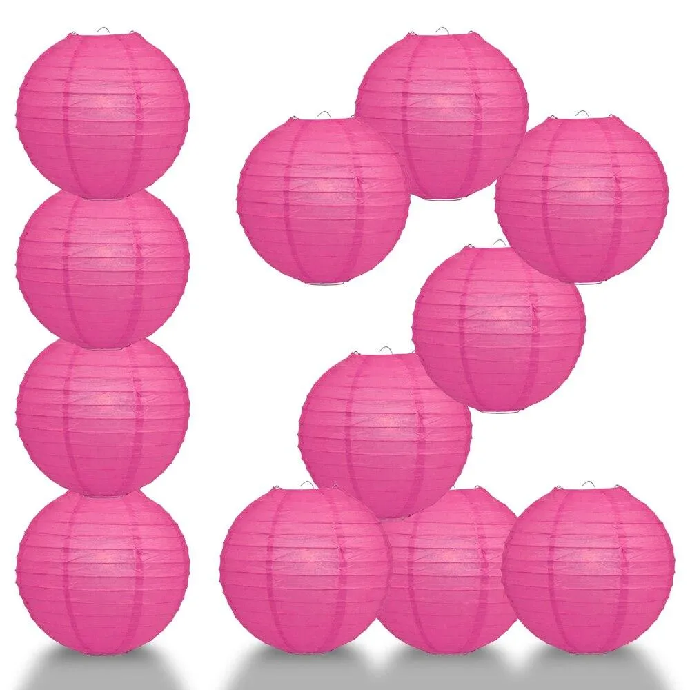 BULK PACK (12) 16" Fuchsia / Hot Pink Round Paper Lantern, Even Ribbing, Chinese Hanging Wedding & Party Decoration
