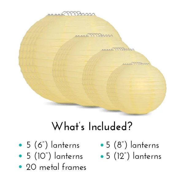 BULK PACK (12) 20" Lemon Yellow Chiffon Round Paper Lantern, Even Ribbing, Chinese Hanging Wedding & Party Decoration