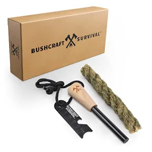 Bushcraft Survival Gear Ferro Rod Fire Starter | Flint and Steel Campfire Starter Kit w/Tinder Rope | Waterproof Magnesium Firestarter Tool For Camping and Backpacking