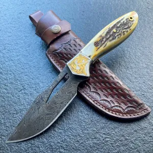 Damascus Blade Stag Handle Collector Knife