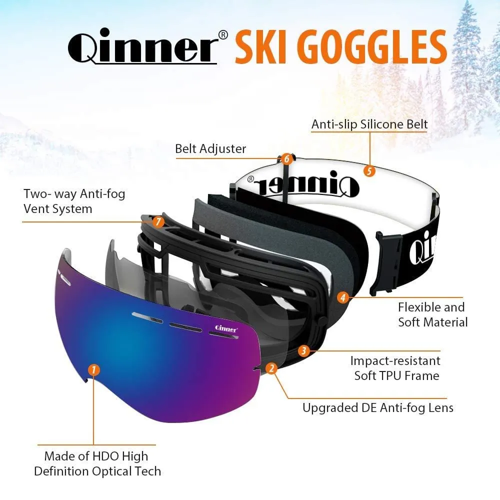 Qinner OTG Ski Goggles-Anti Fog UV Protection Snowboard Goggles with Free Ski Mask-Helmet Compatible Interchangeable Dual Lens Snow Goggles for Men Women Youth