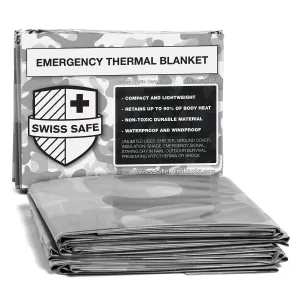 Swiss Safe Emergency Mylar Thermal Blankets (4-Pack)   Bonus Signature Gold Foil Space Blanket: Designed for NASA, Outdoors, Hiking, Survival, Marathons or First Aid (Arctic Camouflage)