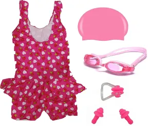 Toyshine Swimming Combo for 7 Age- Swimsuit One Piece,Swimming Goggles, Silicone Swimming Cap,1 Nose Clip 2 Ear Plugs,Color and Design May Vary (CI-106) SSTP