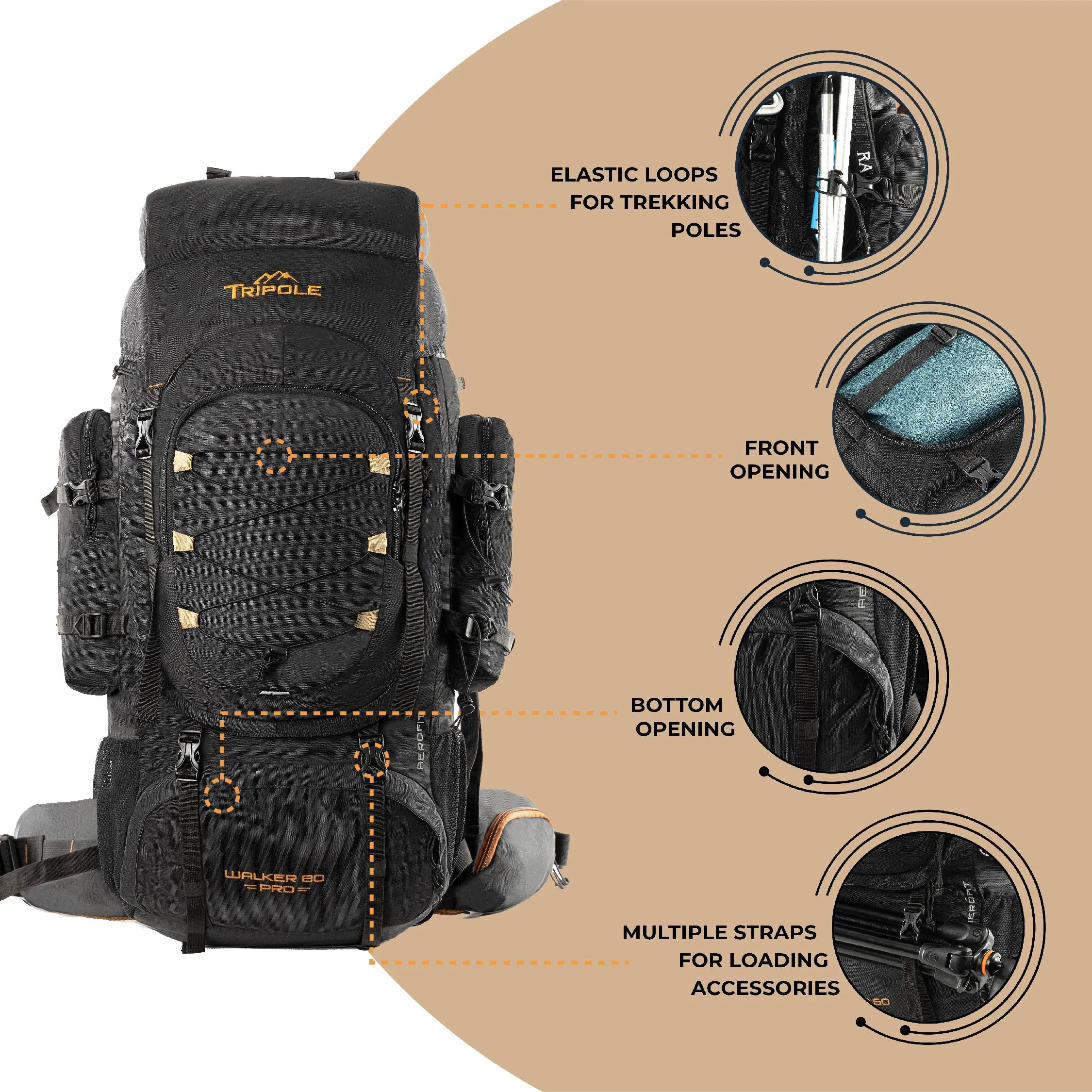 Tripole Walker Pro Metal Frame Rucksack with Rain Cover for Trekking & Travel | Front Opening | Laptop Sleeve | Men & Women | 5 Year Warranty | 80 Litres | Black