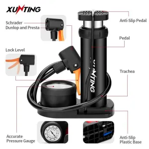Xunting Mini Bike Foot Pump MAX 140PSI with Gauge Presta Schrader Valve with Needle for Road Mountain Bicycle Pump